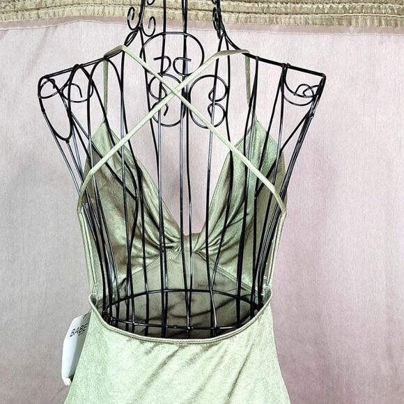 BABE SOCIETY LADY SAGE Twist Front Strappy Satin Mini Dress Medium - Picture 5 of 7